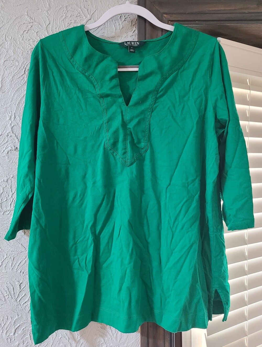 Lauren Ralph Lauren Emerald Green Split V-Neck Tunic 100% Cotton Size 1x